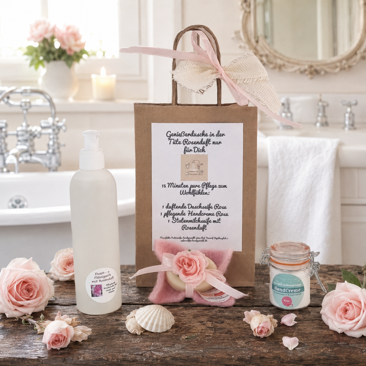 Im Focus: 1 Flasche Duschseife Rose, 1 rosa Filzseife mit Rosenduft und 1 Handcreme 45ml mit Rosenduft. Hintergrund eine Papiertüte die Verpackung für das Geschenk