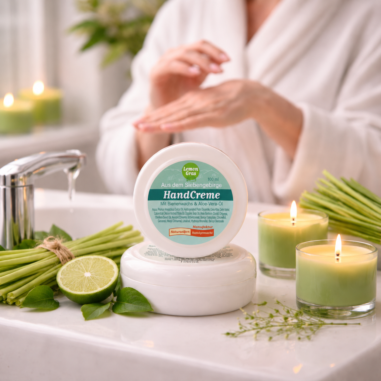 Vordergrund: Weiße Runddose mit Handcreme Lemongras Hintergrund: Frau die sich die Hände eincremt