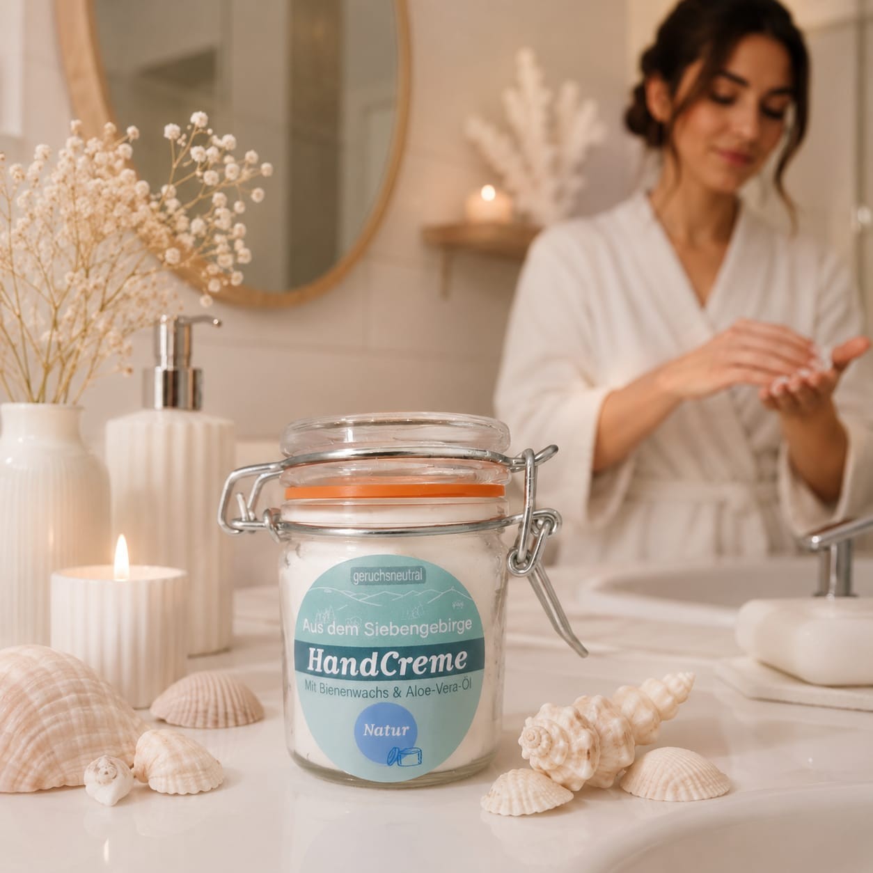 Im Focus : Rundes helles Bügelglas mit Deckel 45ml, mit türkises Rundetikett, gefüllt mit Handcreme Natur liegend auf dem Waschbecken. Hintergrund Frau die sich die Hände eincremt