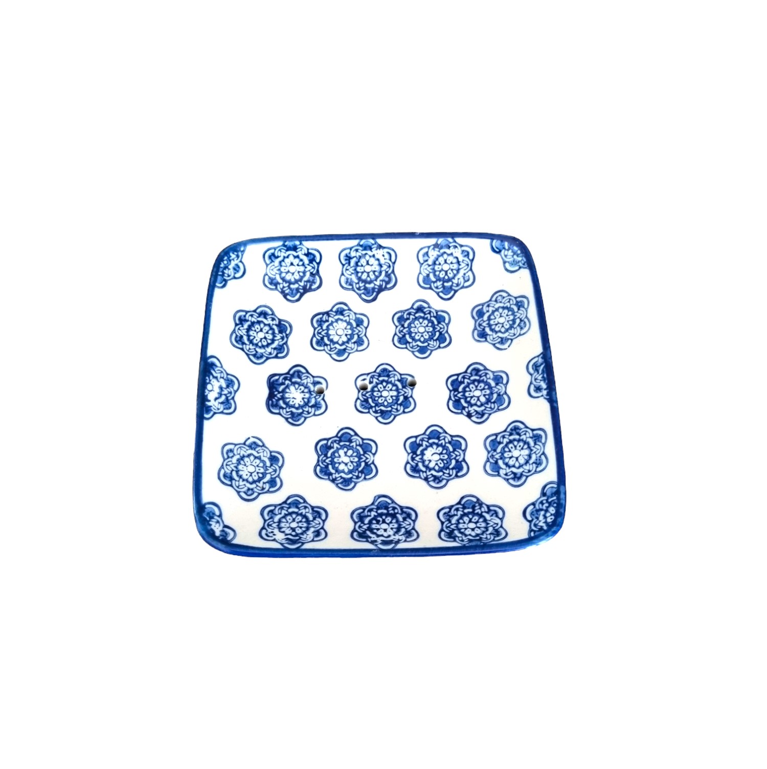Creme farbige Seifenablage quadratisch mit blauen Ornamenten