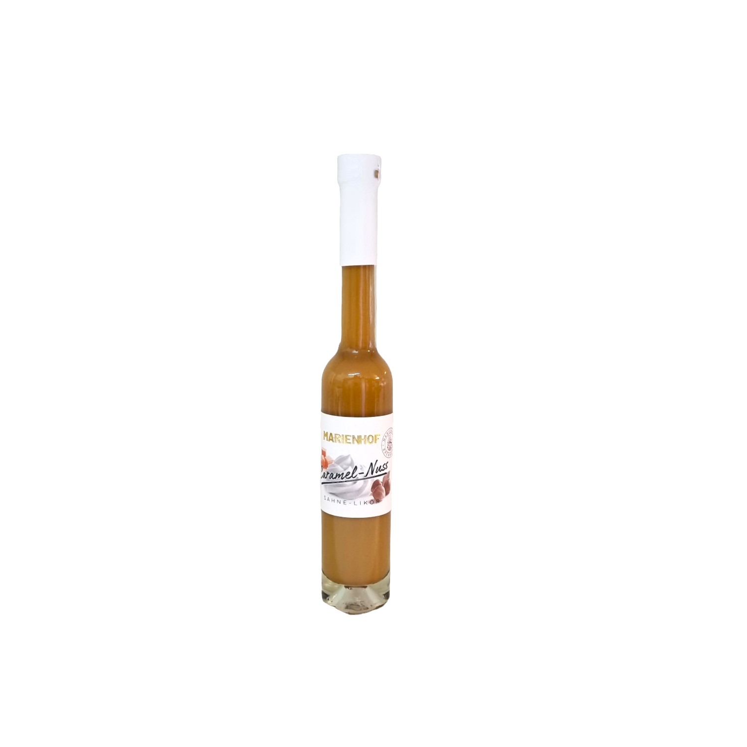 Im Focus: Helle 200ml Glasflasche mit Schraubverschluss, gefüllt mit Caramel- Nuss Likör