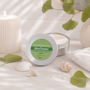 Im Focus : Runde Blechdosemit Schraubdeckel 50ml, mit grünem Rundetikett, gefüllt mit weißer Deocreme Ginkgo Limette