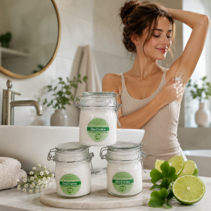DeoCreme Ginkgo Limette im weißen Bügelglas 120ml mit grünem Etikett Hintergrund: Frau die sich die Creme in die Achsel eincremt
