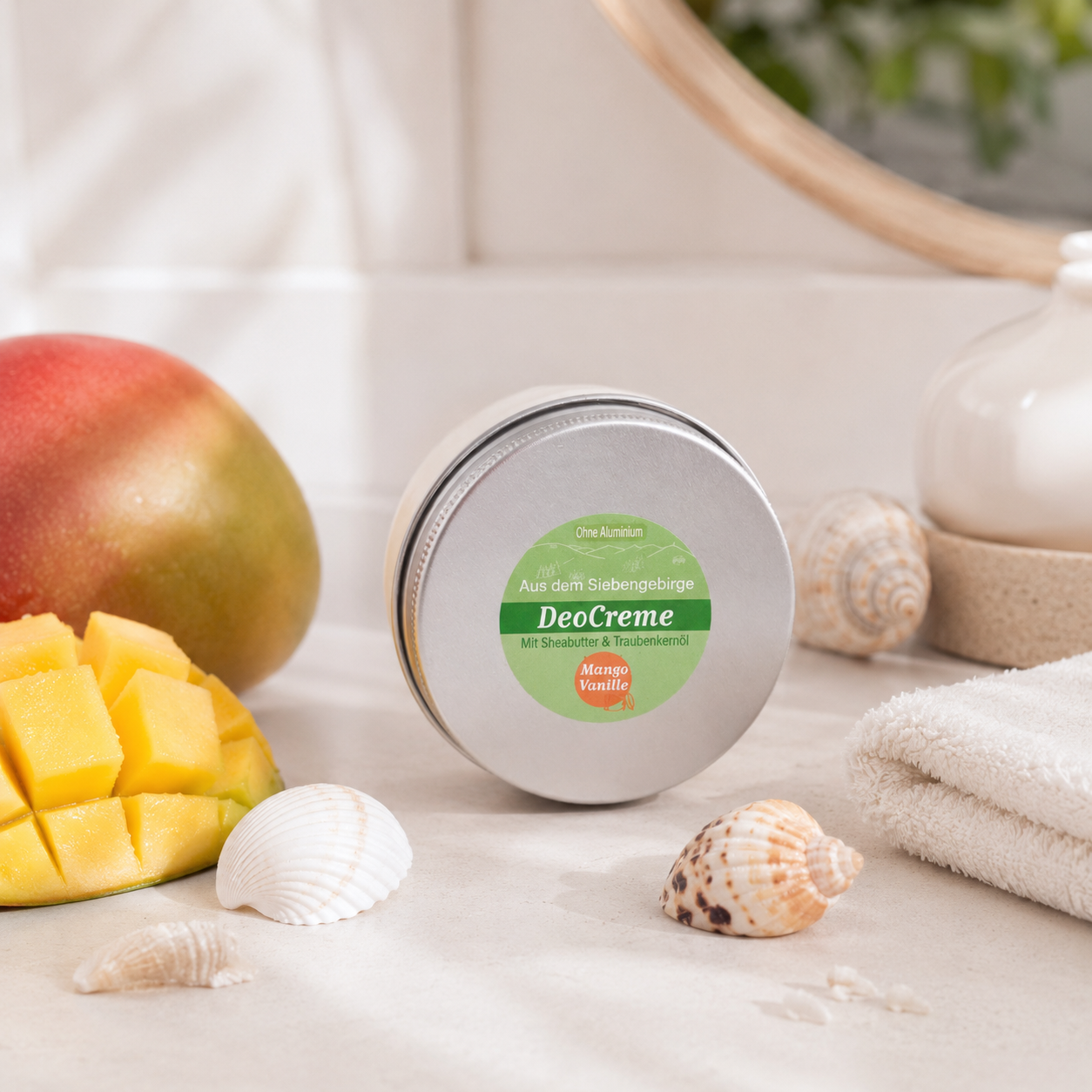 Im Focus : Runde Blechdose mit Schraubdeckel 100ml, mit grünem Rundetikett, gefüllt mit weißer Deocreme Mango Vanille.