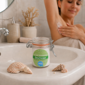 Im Focus : Rundes helles Bügelglas mit Deckel 45ml, mit grünem Rundetikett, gefüllt mit weißer Deocreme Natur