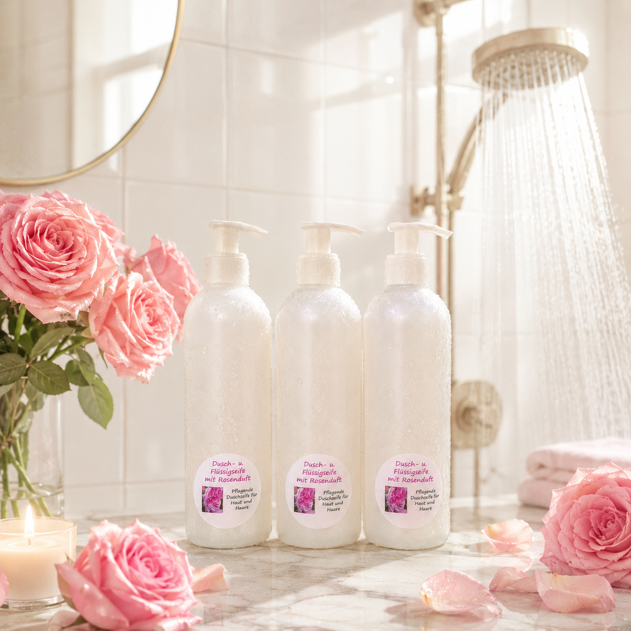 Duschseife Rose (Flüssigseife) in eine weißer Rundflasche 250ml mit Dossierspender, stehend in der Dusche