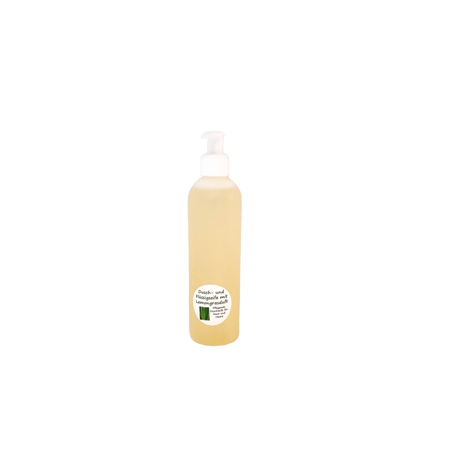 Duschseife Lemongras (Flüssigseife) in eine weißer Rundflasche 250ml mit Dossierspender