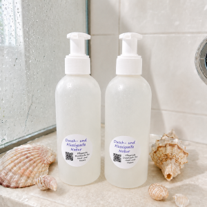 Duschseife Natur (Flüssigseife) in eine weißer Rundflasche 250ml mit Dossierspender