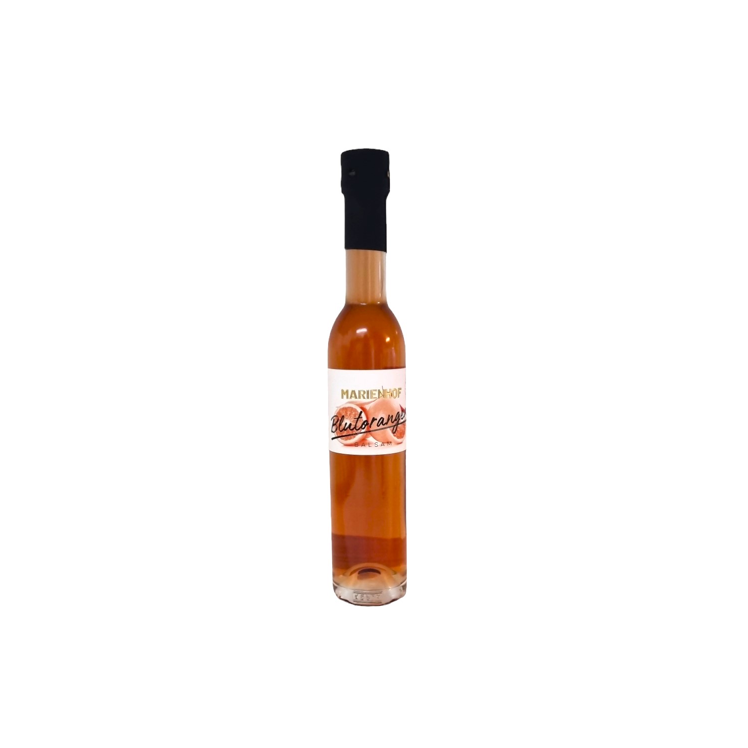 Im Focus: Durchsichtige Glasflasche 250ml mit Schraubverschluss, gefüllt mir hell orange Farben Blutorangenessig.
