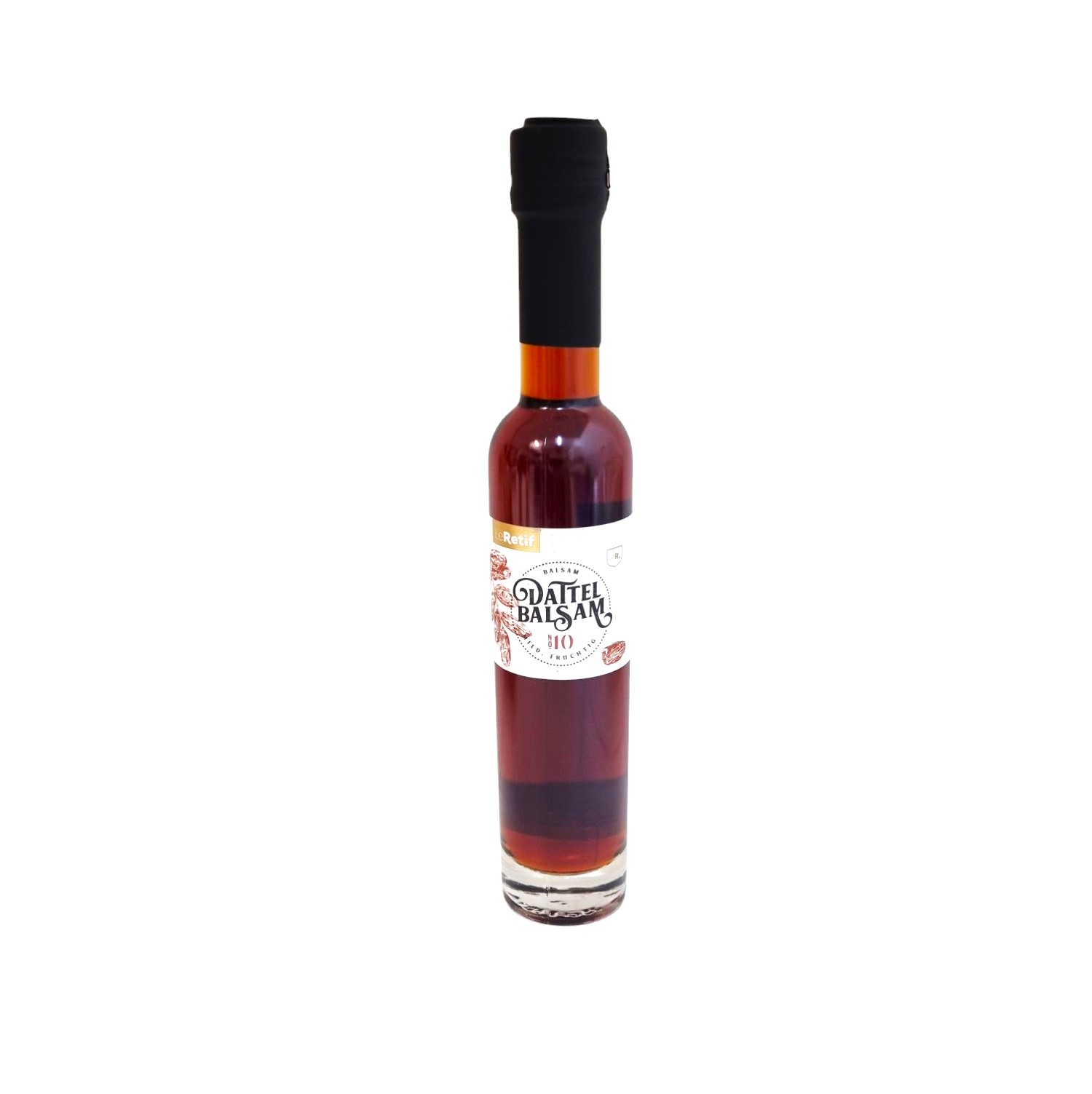 Im Focus: Durchsichtige Glasflasche 250ml mit Schraubverschluss, gefüllt mir Cognac Farben Dattelessig.
