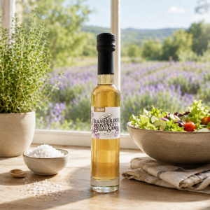 Im Focus: Durchsichtige Glasflasche 250ml mit Schraubverschluss, gefüllt mir heller Farben Kräuter der Provenceessig, stehend in der Küche in Provenceatmosphäre