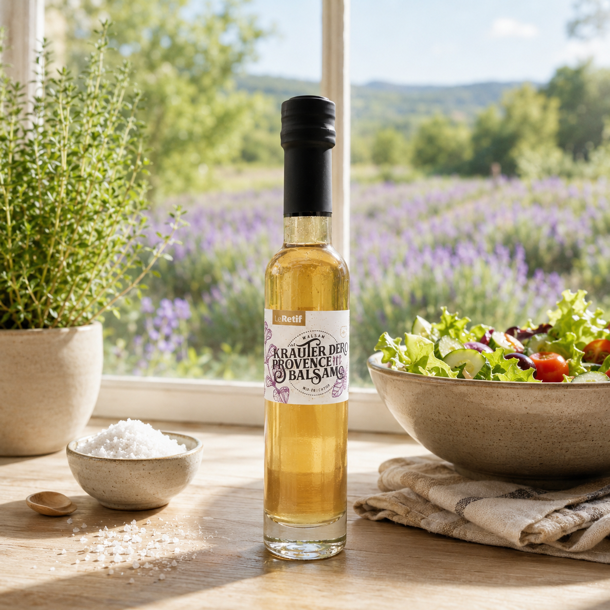 Im Focus: Durchsichtige Glasflasche 250ml mit Schraubverschluss, gefüllt mir heller Farben Kräuter der Provenceessig, stehend in der Küche in Provenceatmosphäre