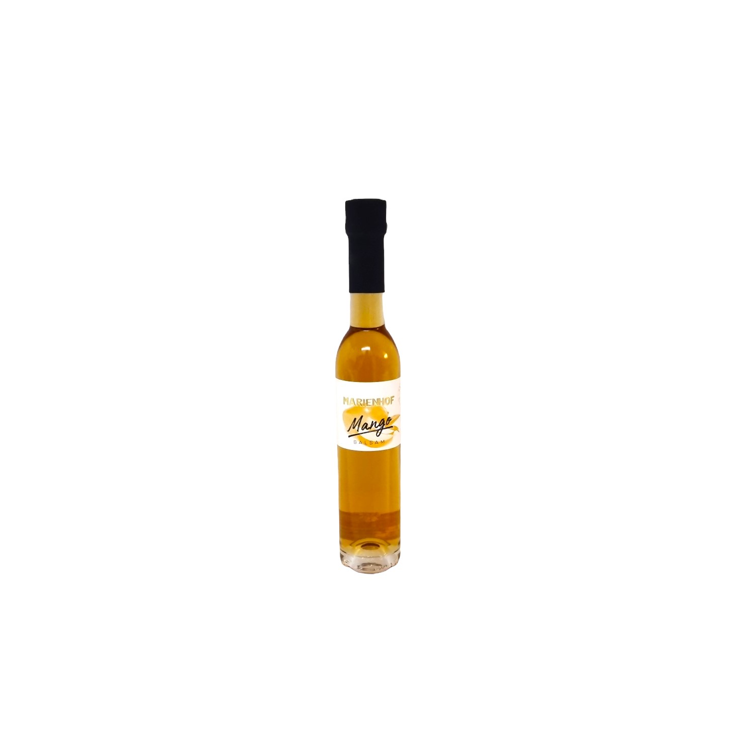 Im Focus: Durchsichtige Glasflasche 250ml mit Schraubverschluss, gefüllt mit cognacfarbenen Mangoessig