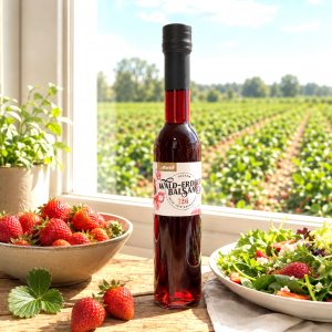 Im Focus: Durchsichtige Glasflasche 250ml mit Schraubverschluss, gefüllt mit rotem Erdbeeressig, stehend in der Küche mit 1 Schale Erdbeeren