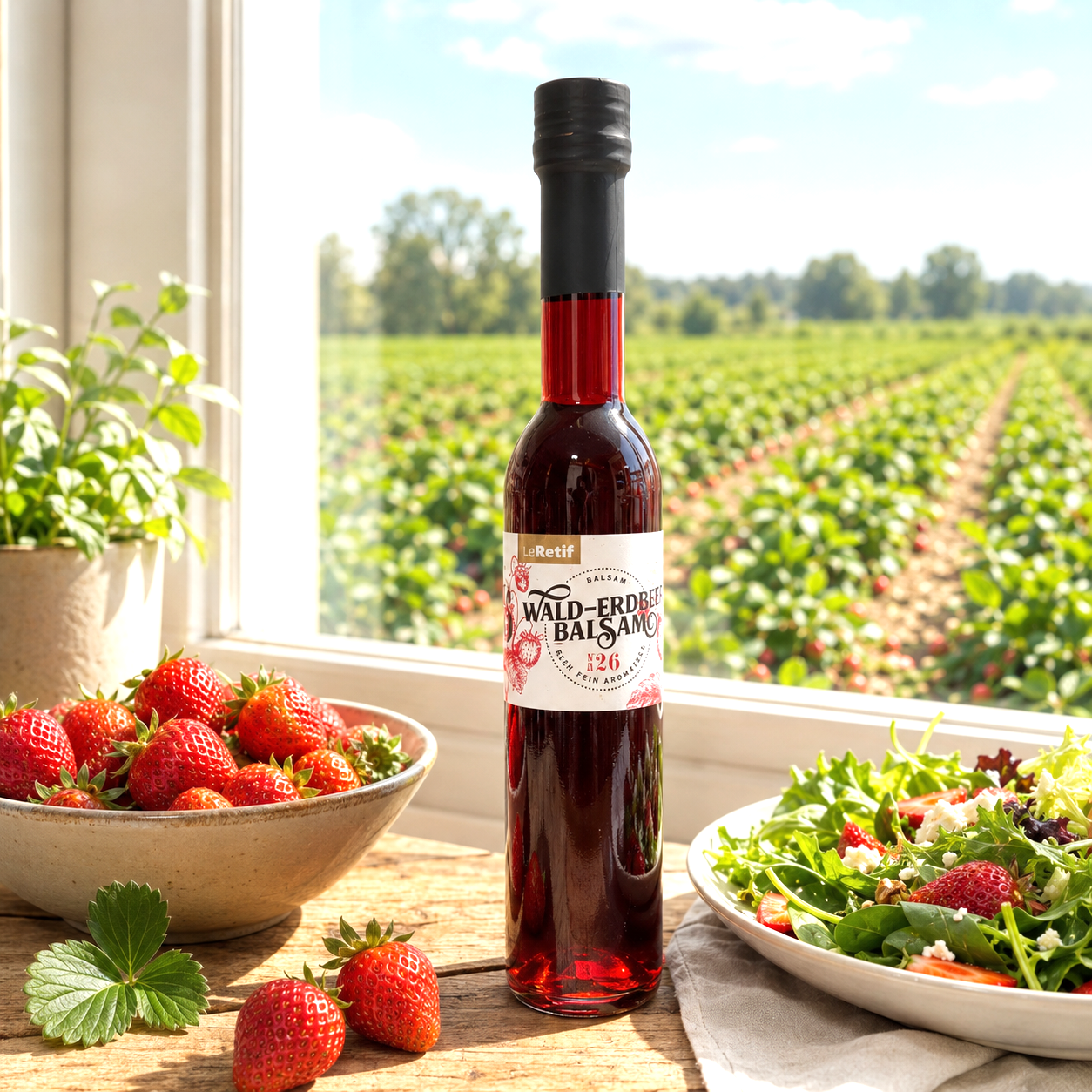 Im Focus: Durchsichtige Glasflasche 250ml mit Schraubverschluss, gefüllt mit rotem Erdbeeressig, stehend in der Küche mit 1 Schale Erdbeeren