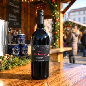 Im Focus: 1 Flasche roter Glühwein, stehend auf einer Theke am Glühweinstand