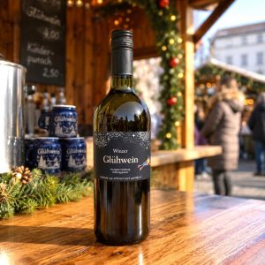Im Focus Flaschen Glühwein weiß auf der Theke stehend am Glühweinstand