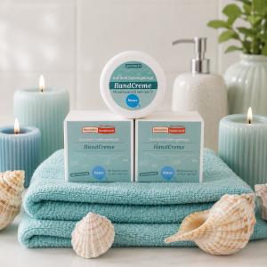Im Focus : 3 Runde helle Tiegel mit Deckel 50ml, mit türkises Rundetikett, gefüllt mit Handcreme Natur