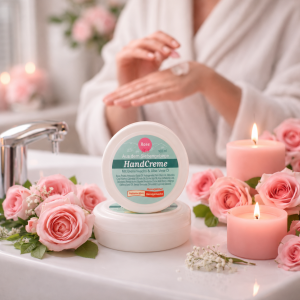 Vordergrund: Weiße Runddose mit Handcreme Rosenduft Hintergrund: Frau die sich die Hände eincremt