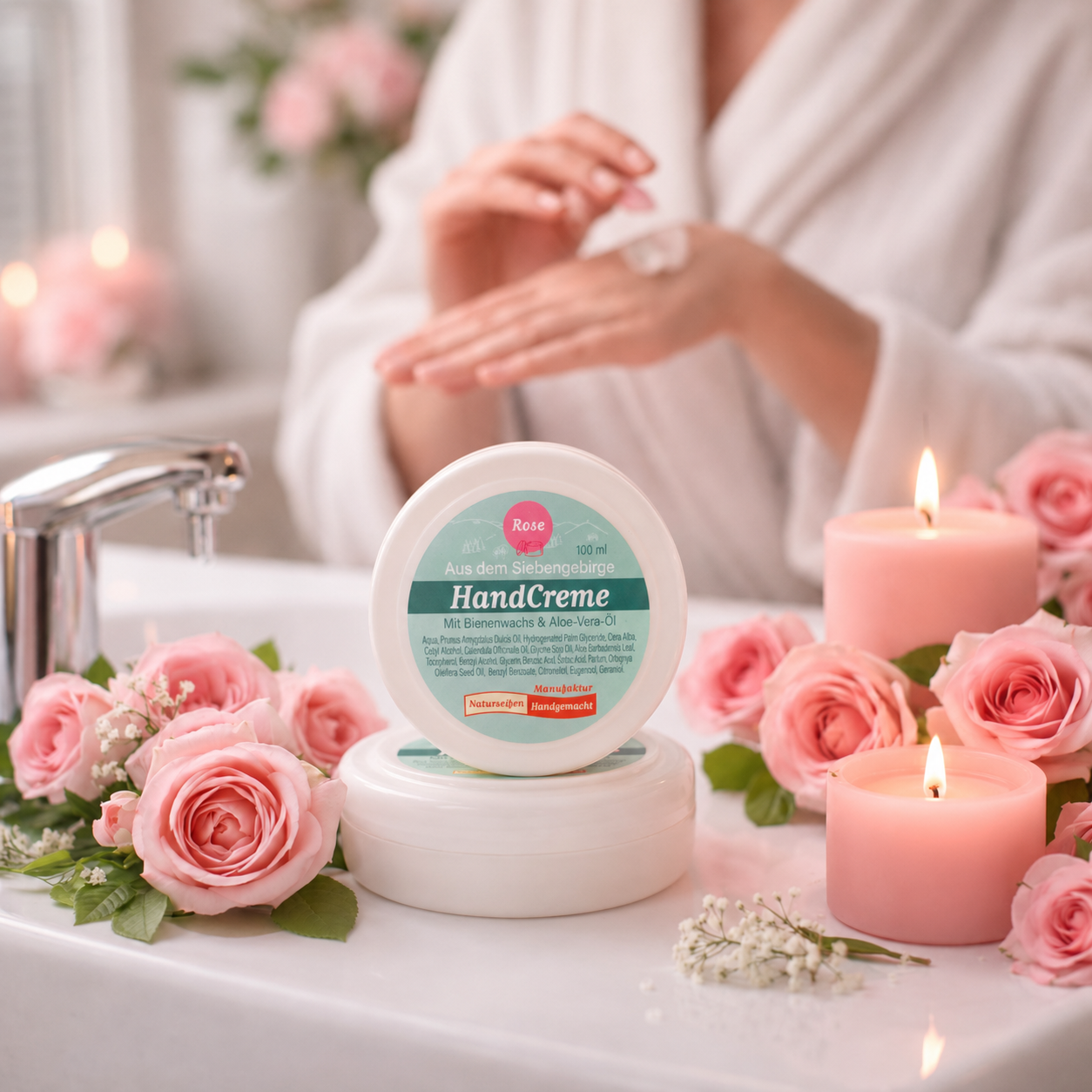 Vordergrund: Weiße Runddose mit Handcreme Rosenduft Hintergrund: Frau die sich die Hände eincremt