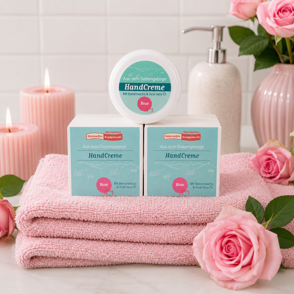 Im Focus : 3 Runde helle Tiegel mit Deckel 50ml, mit türkises Rundetikett, gefüllt mit Handcreme Rose