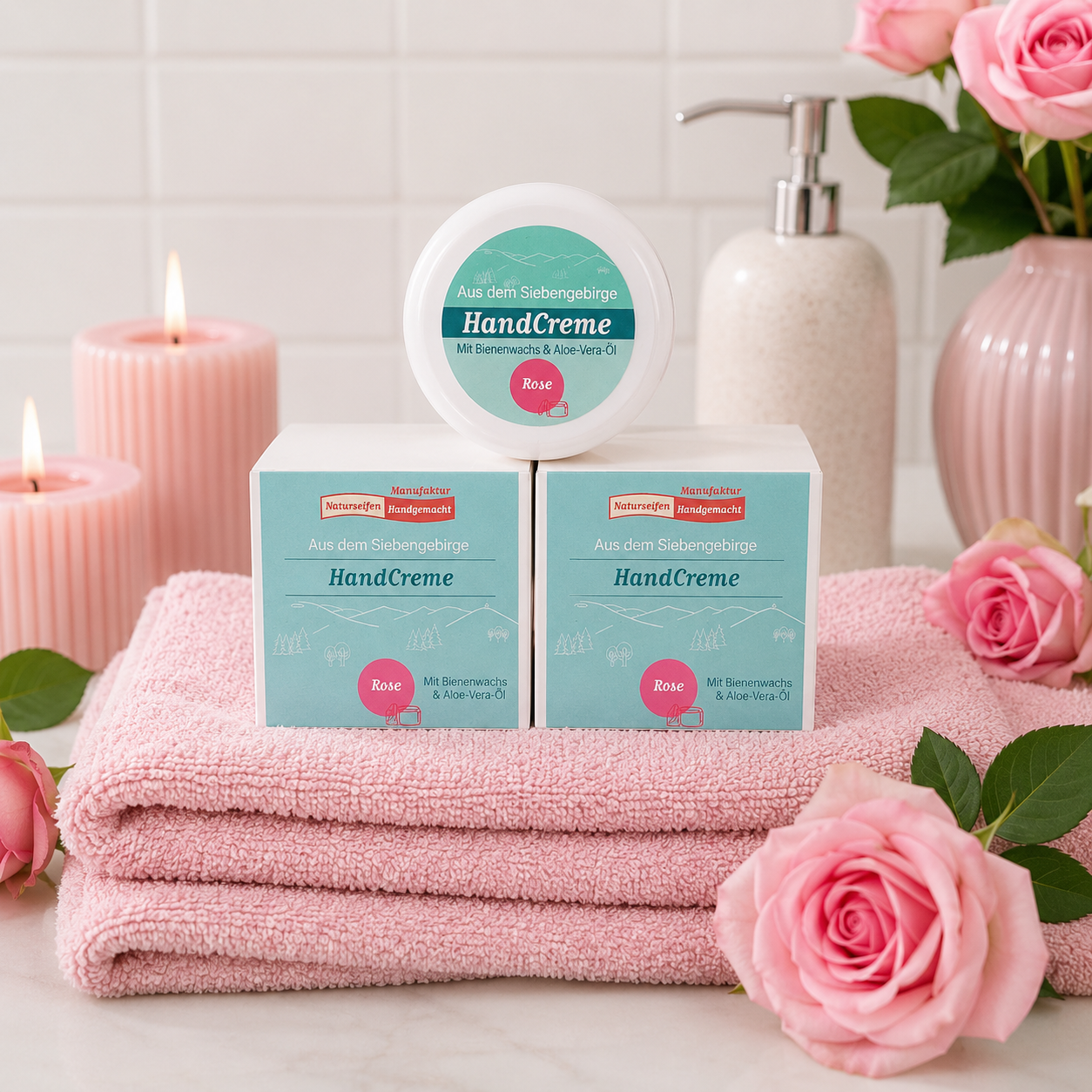 Im Focus : 3 Runde helle Tiegel mit Deckel 50ml, mit türkises Rundetikett, gefüllt mit Handcreme Rose