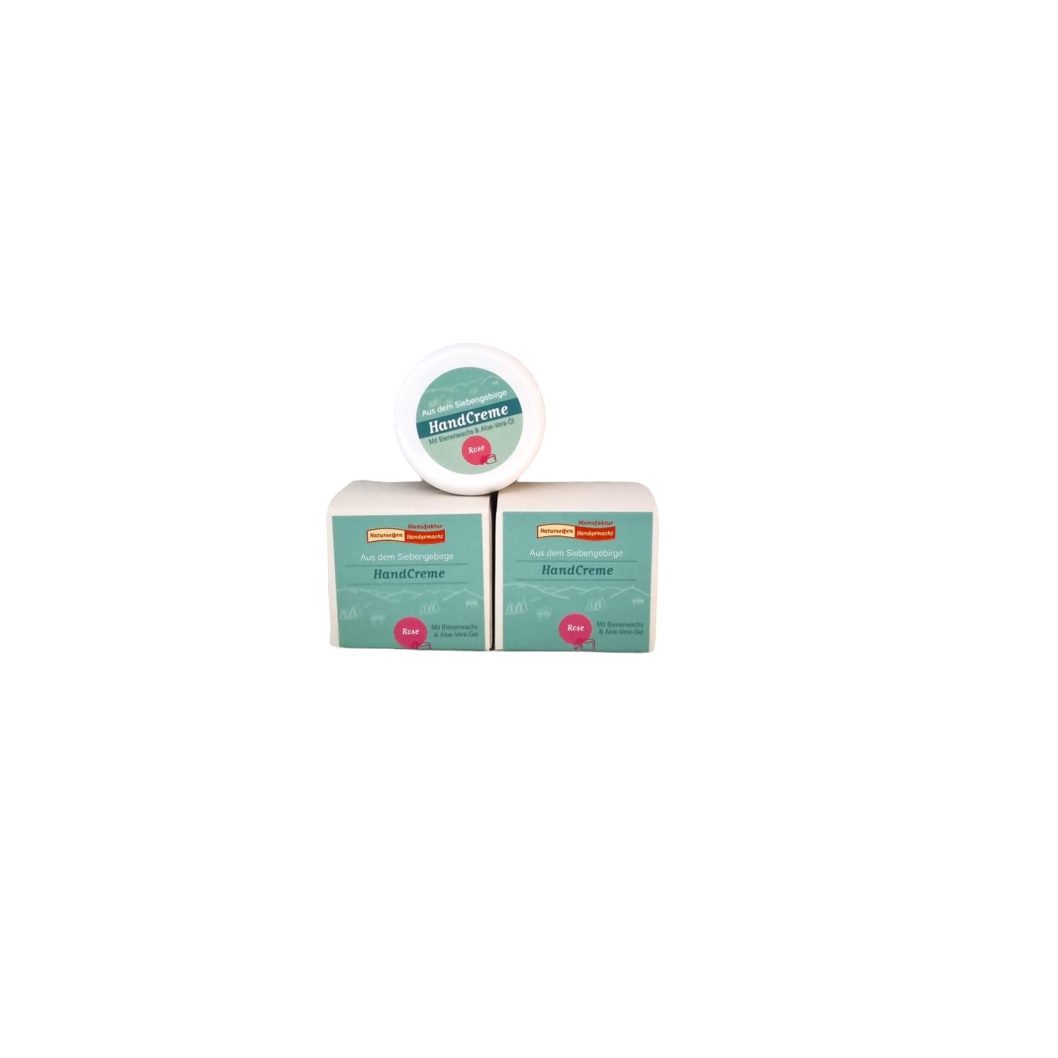 Im Focus : 3 Runde helle Tiegel mit Deckel 50ml, mit türkises Rundetikett, gefüllt mit Handcreme Rose