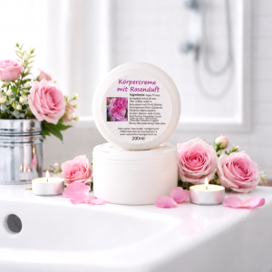 Im Vordergrund weiße Runddose Körpercreme Rosenduft, stehend auf Waschbeckenanrichte mit Dekos und Rosen