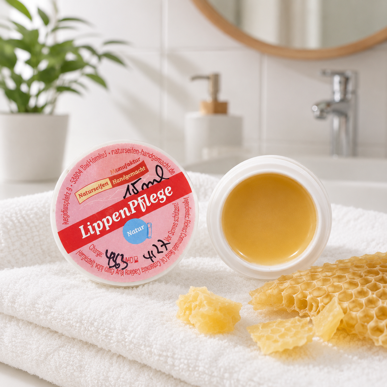 Weiße Runddose 15ml Lippenpflege Natur mit gelben Bienenwachs