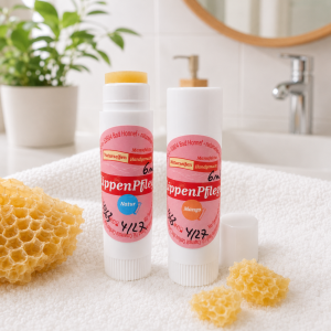 2 Lippenpflegestifte Mango und Natur in einer weißen Lippenstifthülse