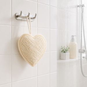 Luffa- Herz hängend im Badezimmer an der Wand
