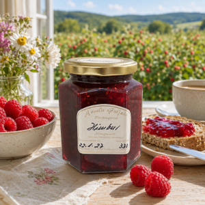 Sechseckiges Glas mit Himbeermarmelade, stehend auf dem Frühstückstisch