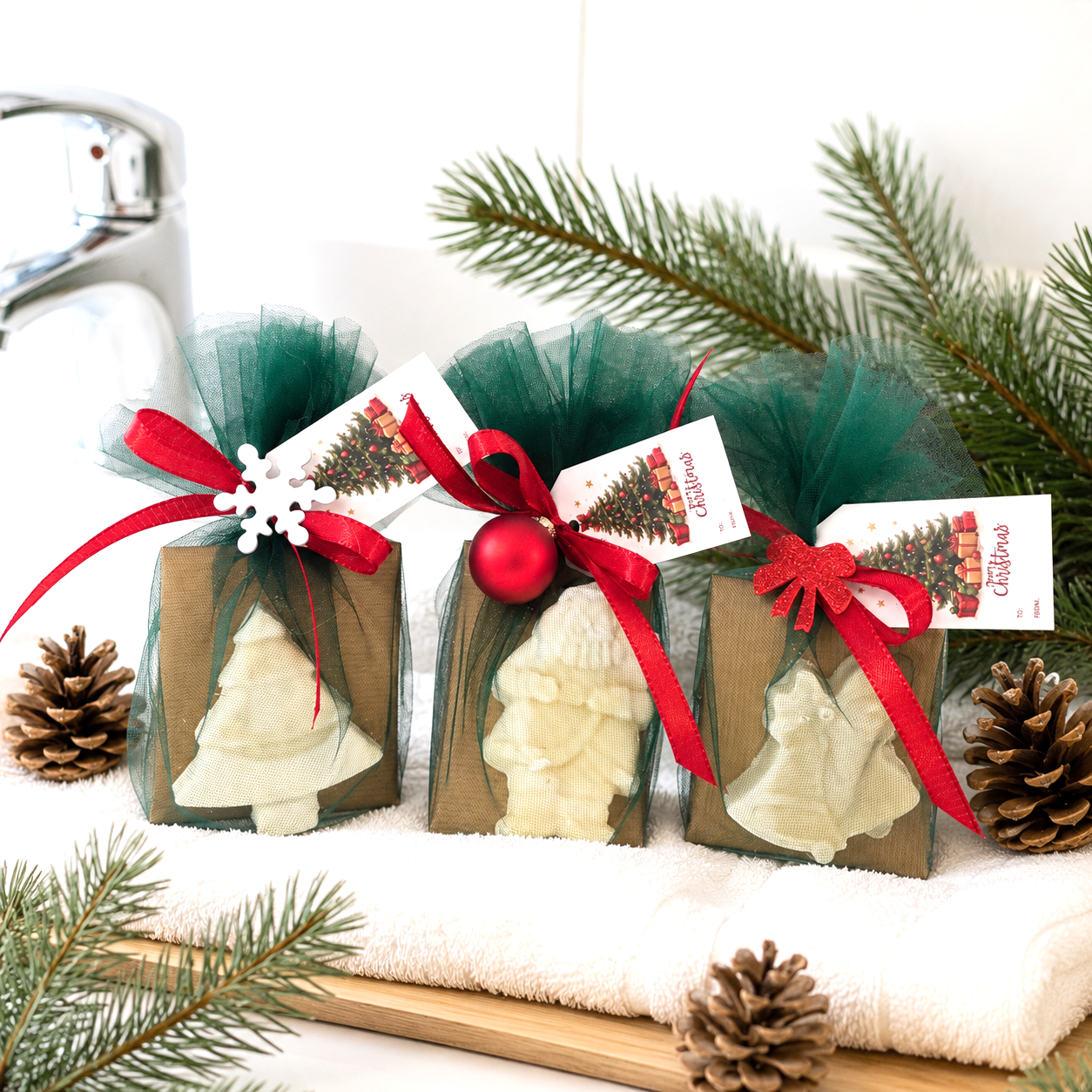 3 liebevoll verpackte Olivenölseife Zitronenmelissse als Motiveseife weihnachtlich verpackt