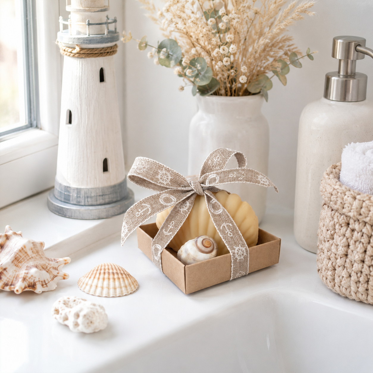 handgemachte Olivenölseife Zitronenmyrte in Muschelform im Geschenkkarton