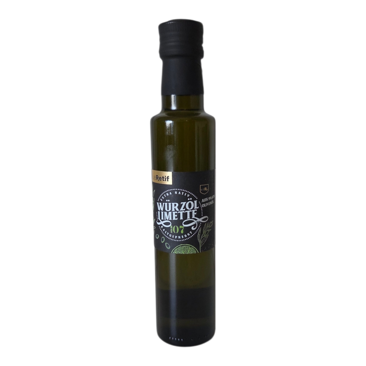 Grünflasche mit Schraubverschluss 250ml mit Olivenöl Limette