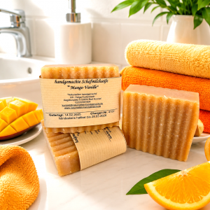 Eine geriffelte, quadratische handgemachte Schafsmilchseife mit dem Duft Mango Vanille, im Badezimmer