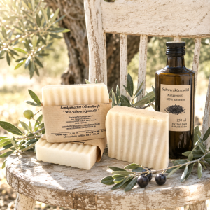 Handgemachte Naturseifen. Drei geriffelte, quadratische handgemachte Schwarzkümmelseife in Mediteraneratmosphäre