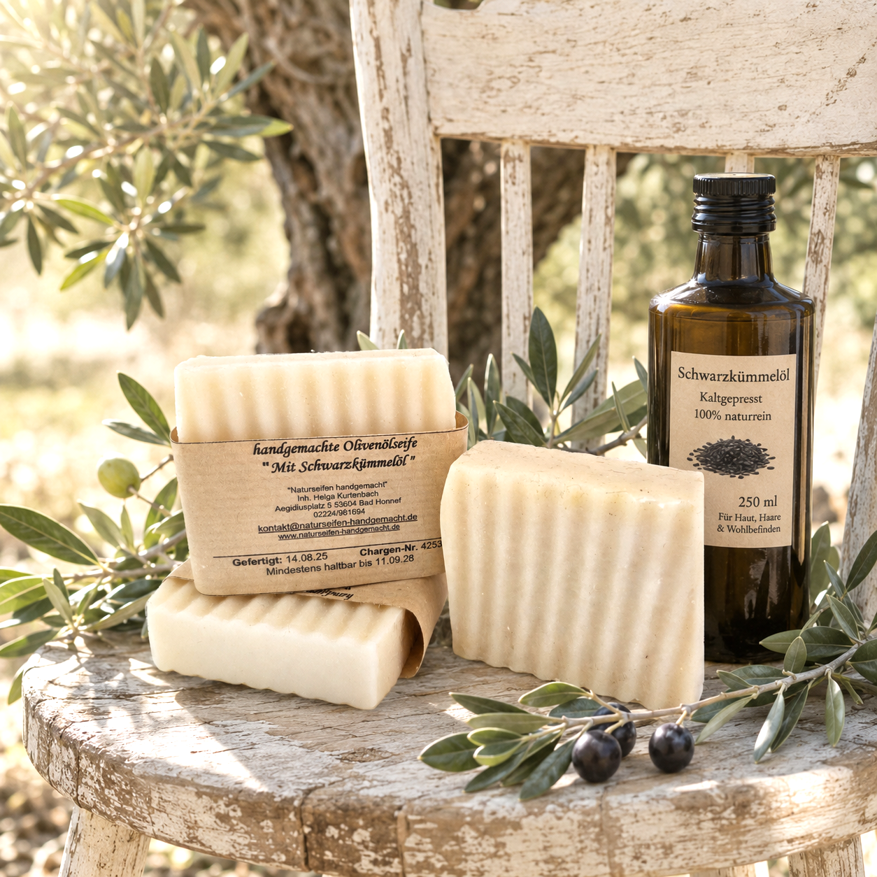 Handgemachte Naturseifen. Drei geriffelte, quadratische handgemachte Schwarzkümmelseife in Mediteraneratmosphäre