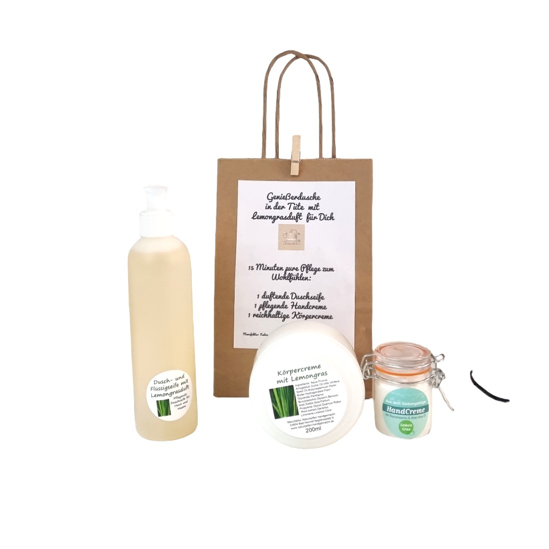 Geschenktüte mit Duschseife, Handcreme und Körpercreme Lemongras
