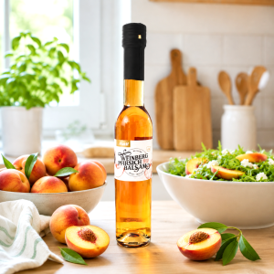 Im Focus: Durchsichtige Glasflasche 250ml mit Schraubverschluss, gefüllt mir Cognac Farben Weinbergessig, stehend auf einer Anrichte in der Küche